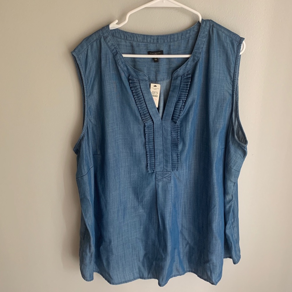 NWT Talbots Chambray Sleeveless Top Ruffle Neck